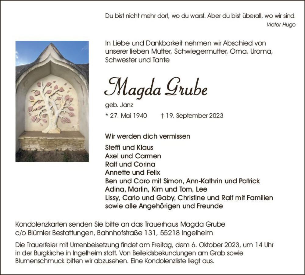  Traueranzeige für Magda Grube vom 30.09.2023 aus Allgemeine Zeitung Bingen/Ingelheim