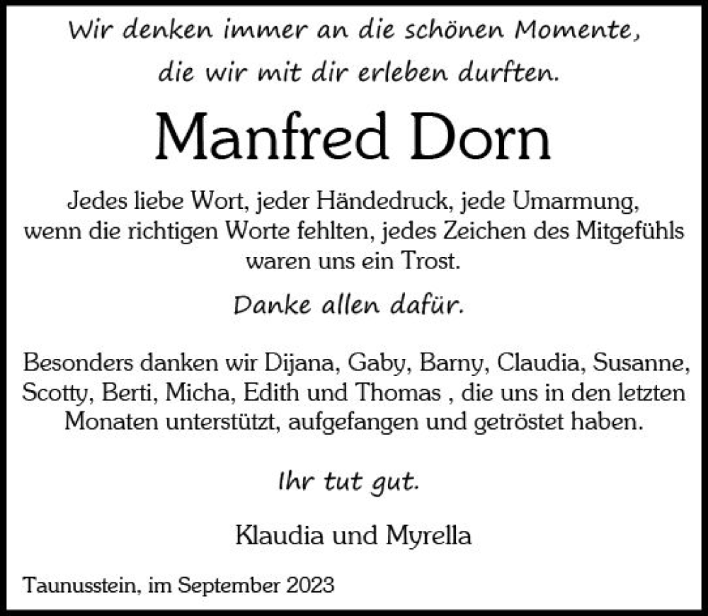  Traueranzeige für Manfred Dorn vom 16.09.2023 aus Wiesbadener Kurier