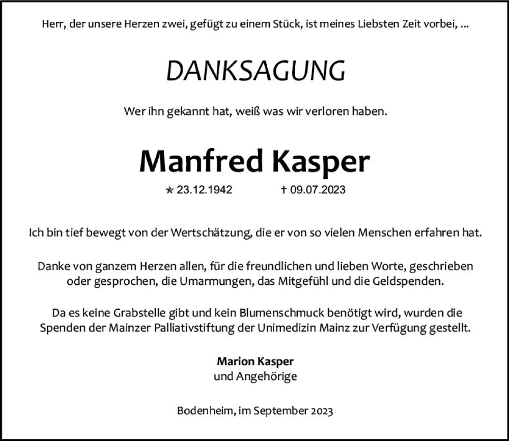 Traueranzeige für Manfred Kasper vom 16.09.2023 aus Allgemeine Zeitung Mainz