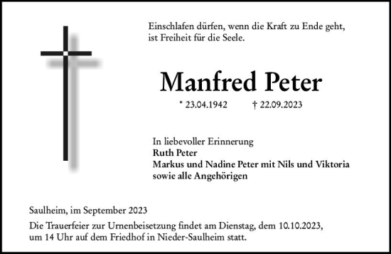 Traueranzeige von Manfred Peter von Allgemeine Zeitung Mainz