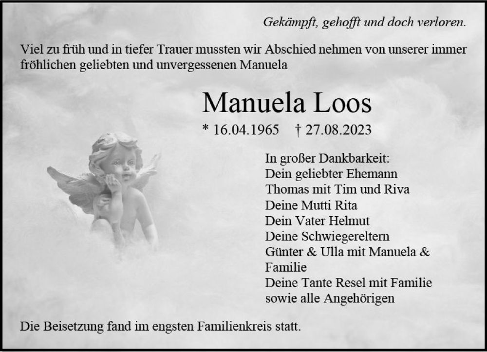  Traueranzeige für Manuela Loos vom 16.09.2023 aus Allgemeine Zeitung Mainz