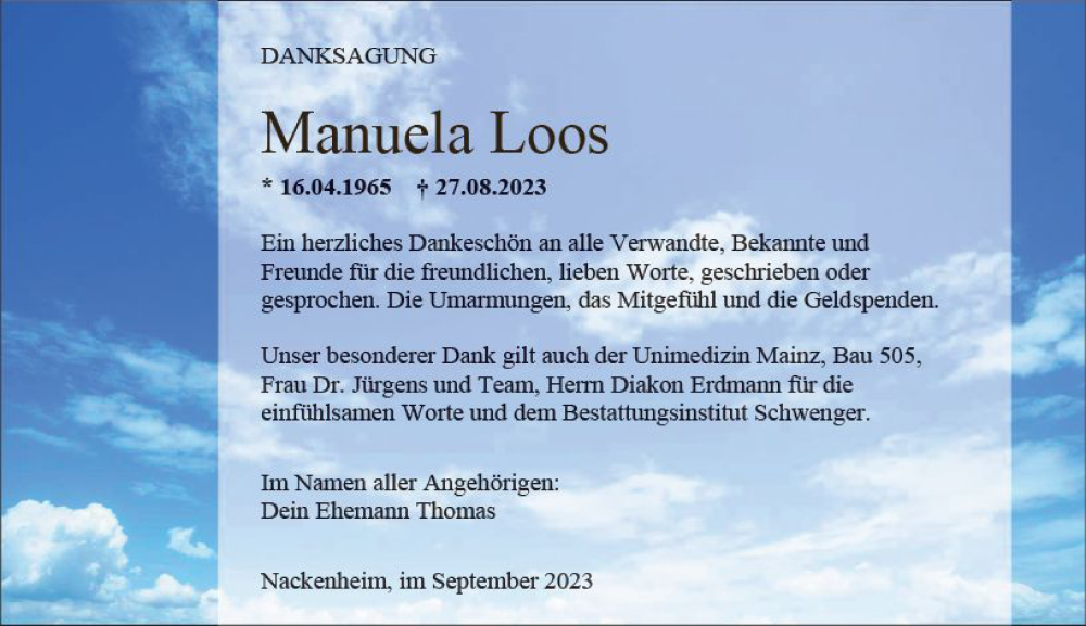  Traueranzeige für Manuela Loos vom 23.09.2023 aus Allgemeine Zeitung Mainz