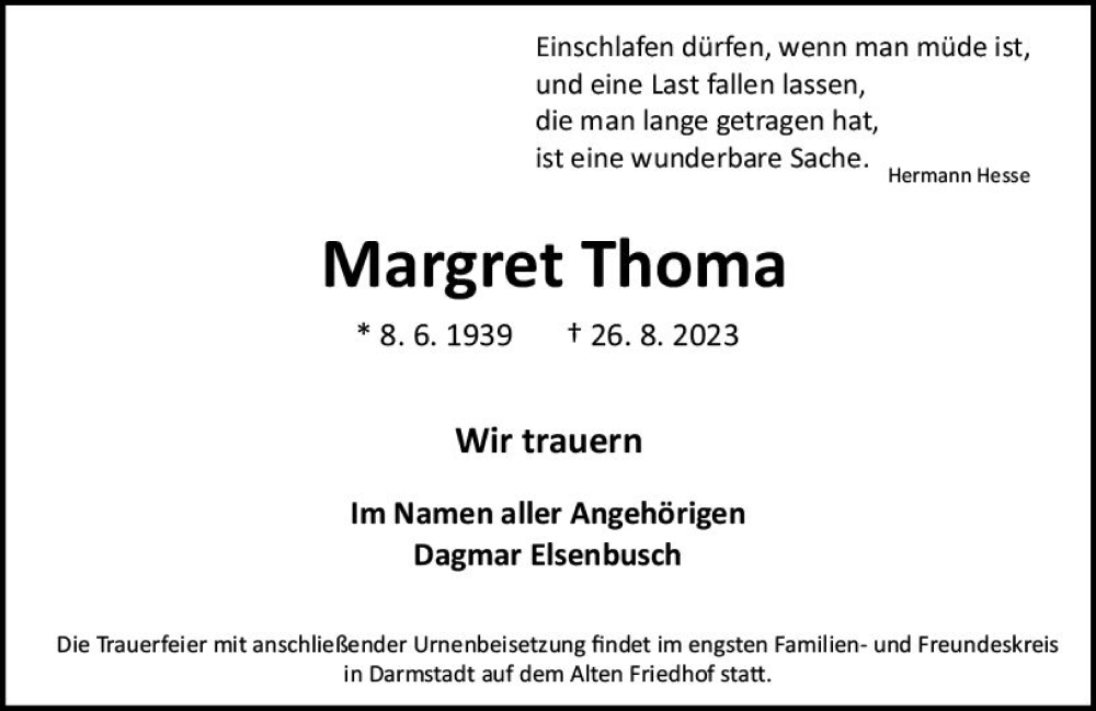  Traueranzeige für Margret Thoma vom 02.09.2023 aus Darmstädter Echo