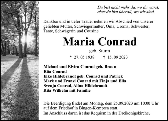 Traueranzeige von Maria Conrad von Allgemeine Zeitung Bingen/Ingelheim