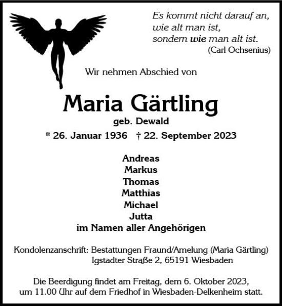 Traueranzeige von Maria Gärtling von Wiesbadener Kurier