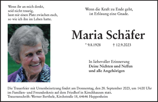 Traueranzeige von Maria Schäfer von Starkenburger Echo
