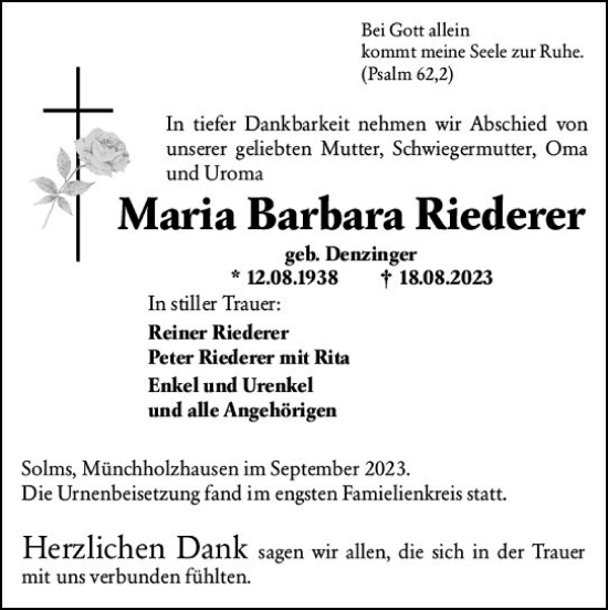 Traueranzeige von Maria Barbara Riederer von Wetzlarer Neue Zeitung