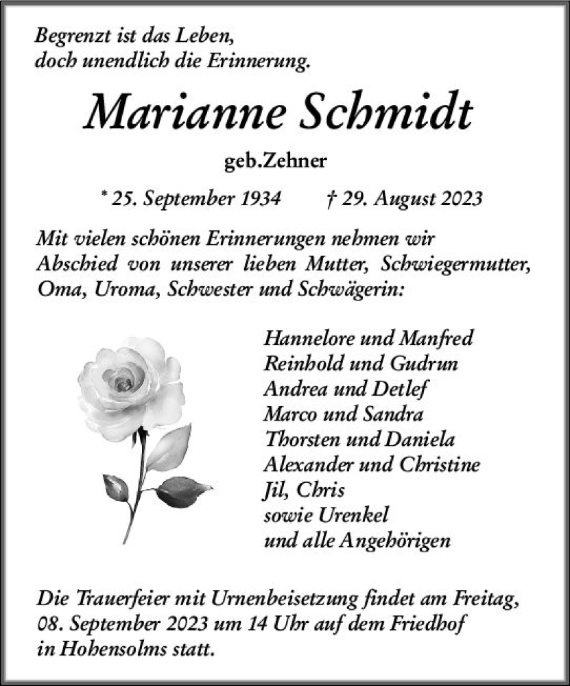  Traueranzeige für Marianne Schmidt vom 02.09.2023 aus Wetzlarer Neue Zeitung