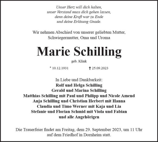 Traueranzeige von Marie Schilling von Groß-Gerauer Echo