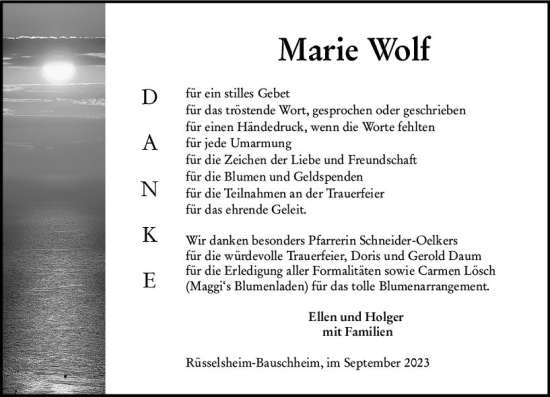 Traueranzeige von Marie Wolf von Rüsselsheimer Echo