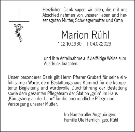 Traueranzeige von Marion Rühl von Wetzlarer Neue Zeitung