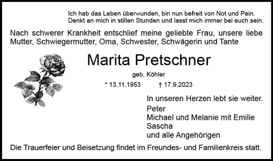 Traueranzeige von Marita Pretschner von Dieburger Anzeiger/Groß-Zimmerner Lokal-Anzeiger