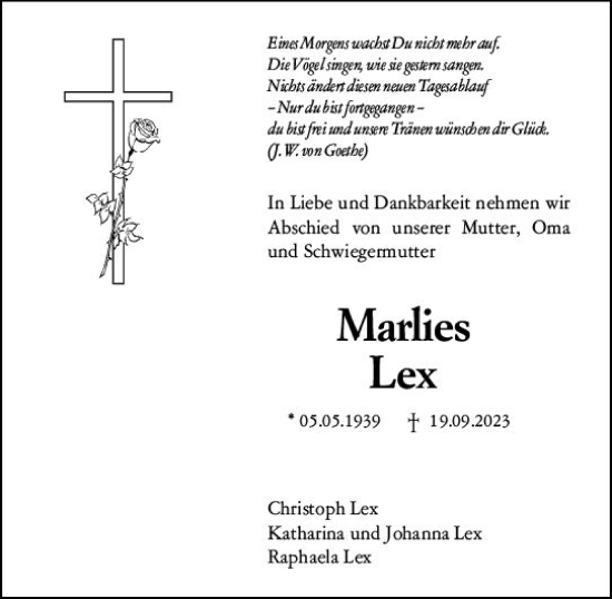 Traueranzeige von Marlies Lex von Allgemeine Zeitung Bad Kreuznach