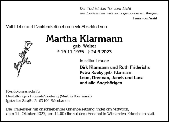 Traueranzeige von Martha Klarmann von Wiesbadener Kurier
