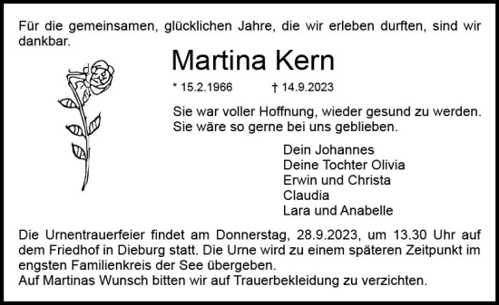 Traueranzeige von Martina Kern von Dieburger Anzeiger/Groß-Zimmerner Lokal-Anzeiger
