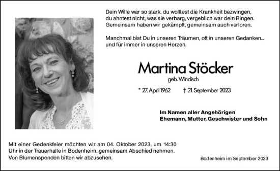 Traueranzeige von Martina Stöcker von Allgemeine Zeitung Mainz