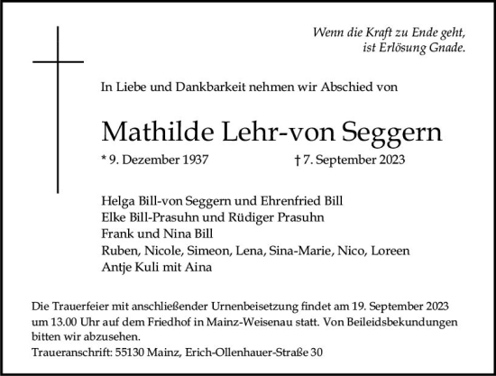 Traueranzeige von Mathilde  Lehr-von Seggern von Allgemeine Zeitung Mainz