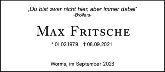 Traueranzeige von Max Fritsche von Wormser Zeitung