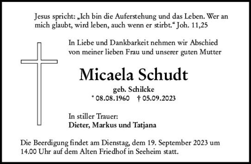  Traueranzeige für Micaela Schudt vom 16.09.2023 aus Darmstädter Echo