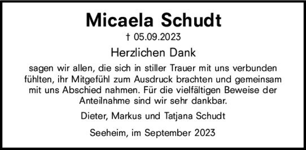  Traueranzeige für Micaela Schudt vom 30.09.2023 aus Darmstädter Echo
