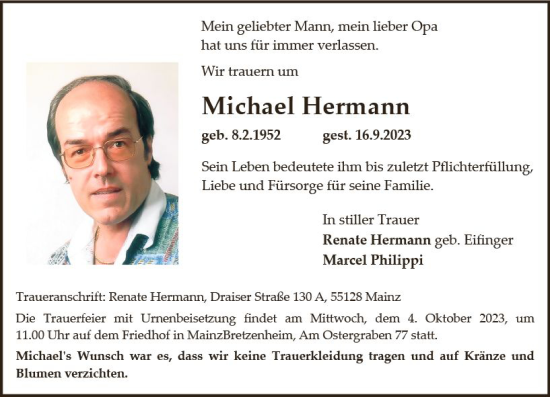 Traueranzeige von Michael Hermann von Allgemeine Zeitung Mainz