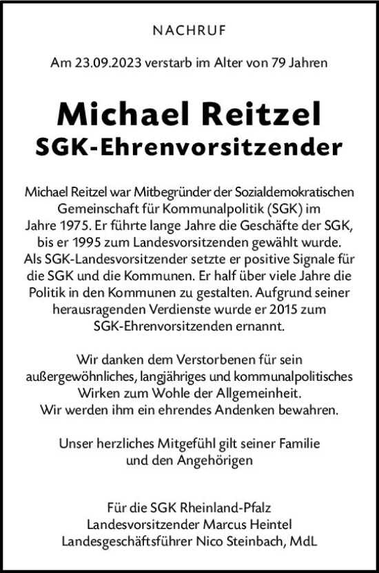 Traueranzeige von Michael Reitzel von Allgemeine Zeitung Bingen/Ingelheim