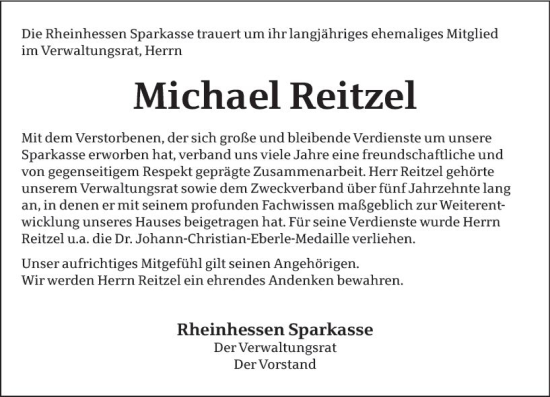 Traueranzeige von Michael Reitzel von Allgemeine Zeitung Alzey
