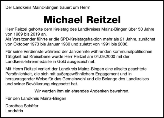 Traueranzeige von Michael Reitzel von Allgemeine Zeitung Bingen/Ingelheim