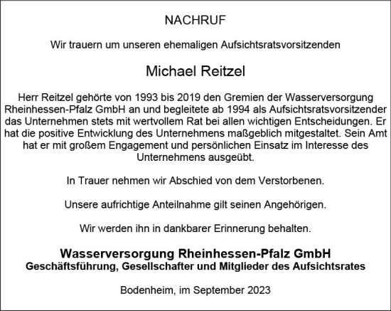 Traueranzeige von Michael Reitzel von Allgemeine Zeitung Bad Kreuznach