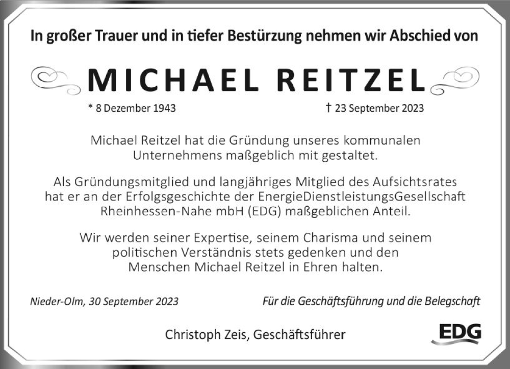  Traueranzeige für Michael Reitzel vom 30.09.2023 aus Allgemeine Zeitung Mainz