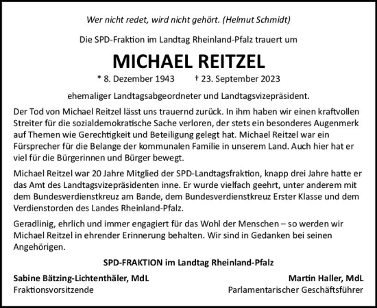 Traueranzeige von Michael Reitzel von Allgemeine Zeitung Mainz