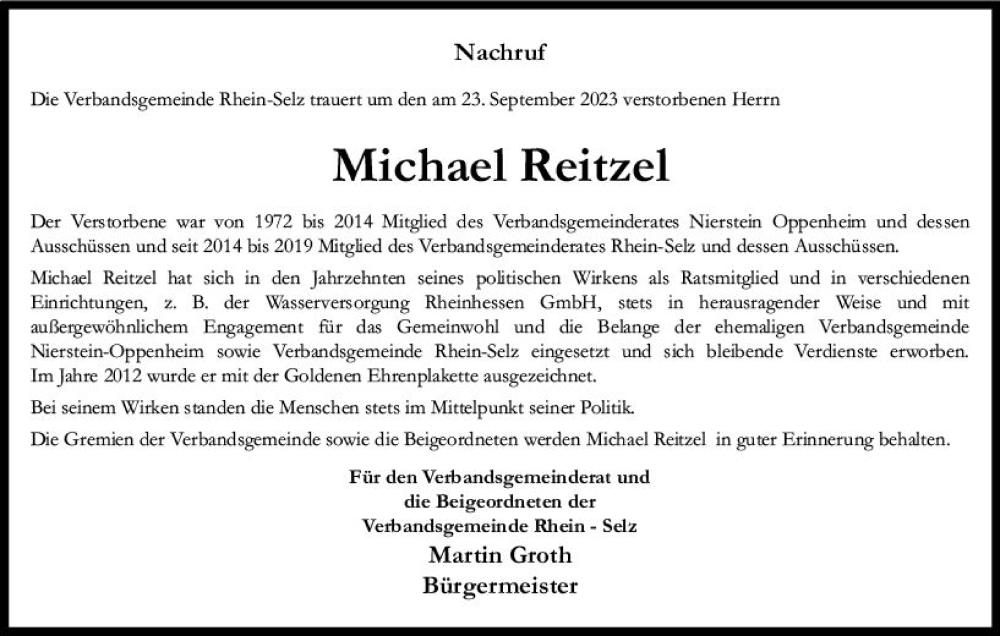  Traueranzeige für Michael Reitzel vom 30.09.2023 aus Allgemeine Zeitung Mainz
