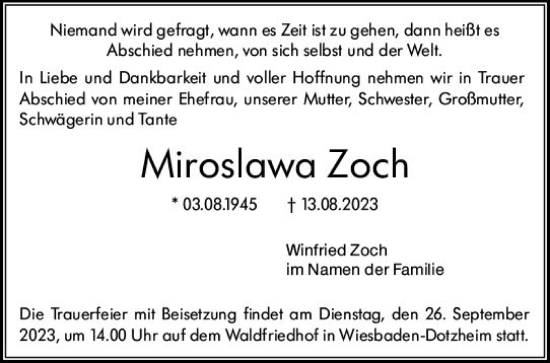 Traueranzeige von Miroslawa Zoch von Wiesbadener Kurier
