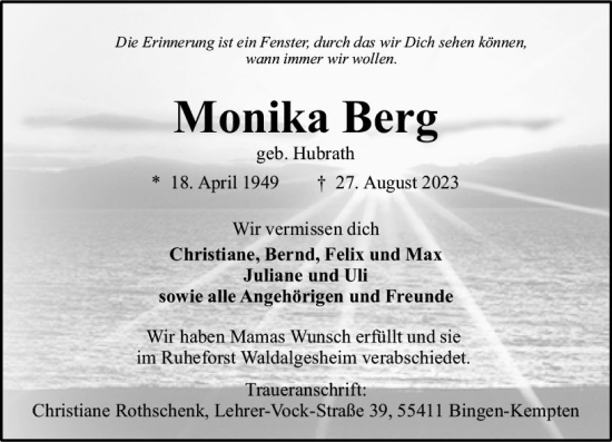 Traueranzeige von Monika Berg von Bingen/Ingelheim WOBL inkl. Neue Binger Ztg.