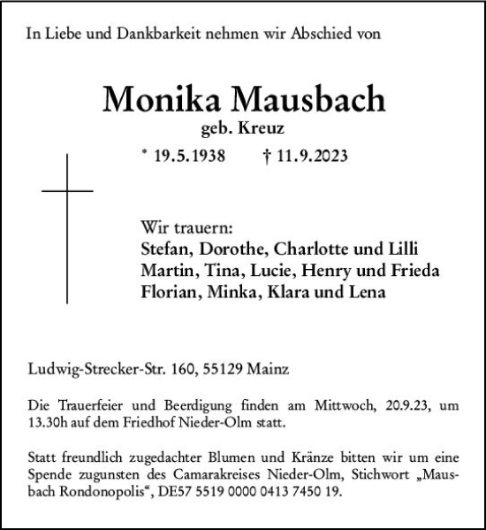 Traueranzeige von Monika Mausbach von Allgemeine Zeitung Mainz