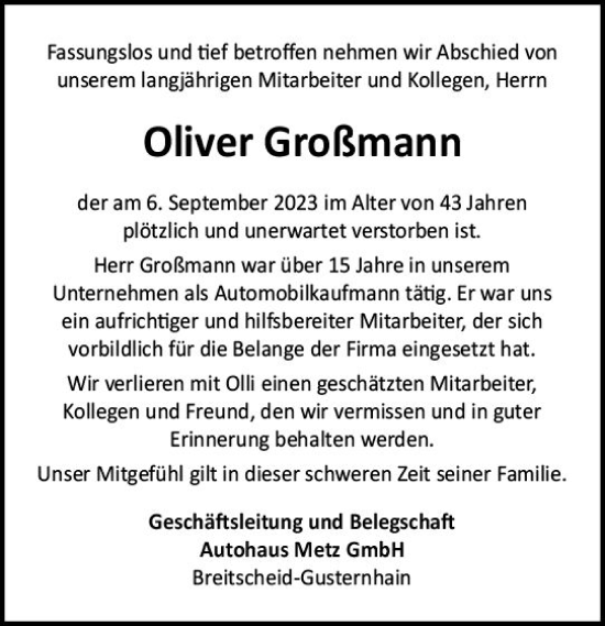 Traueranzeige von Oliver Großmann von Dill Block
