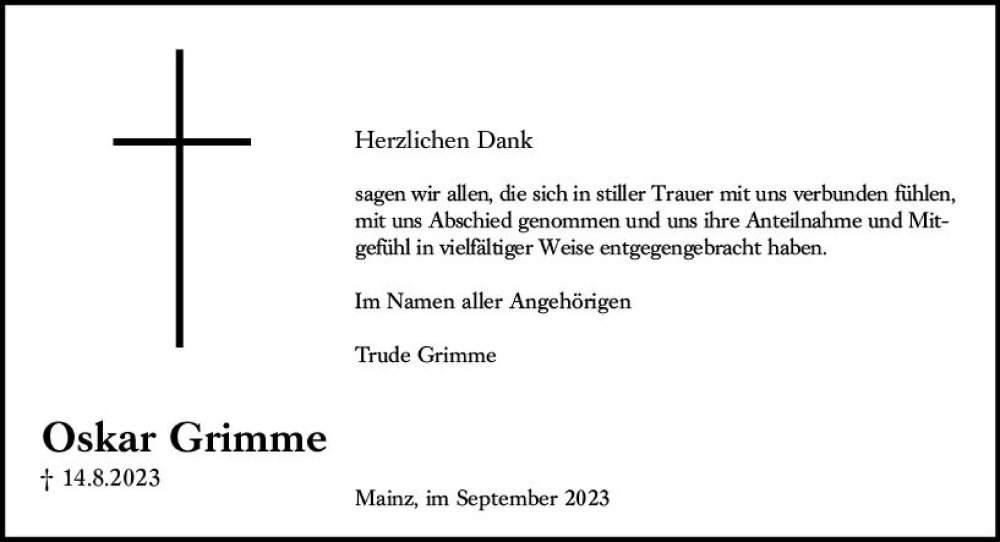  Traueranzeige für Oskar Grimme vom 16.09.2023 aus Allgemeine Zeitung Mainz