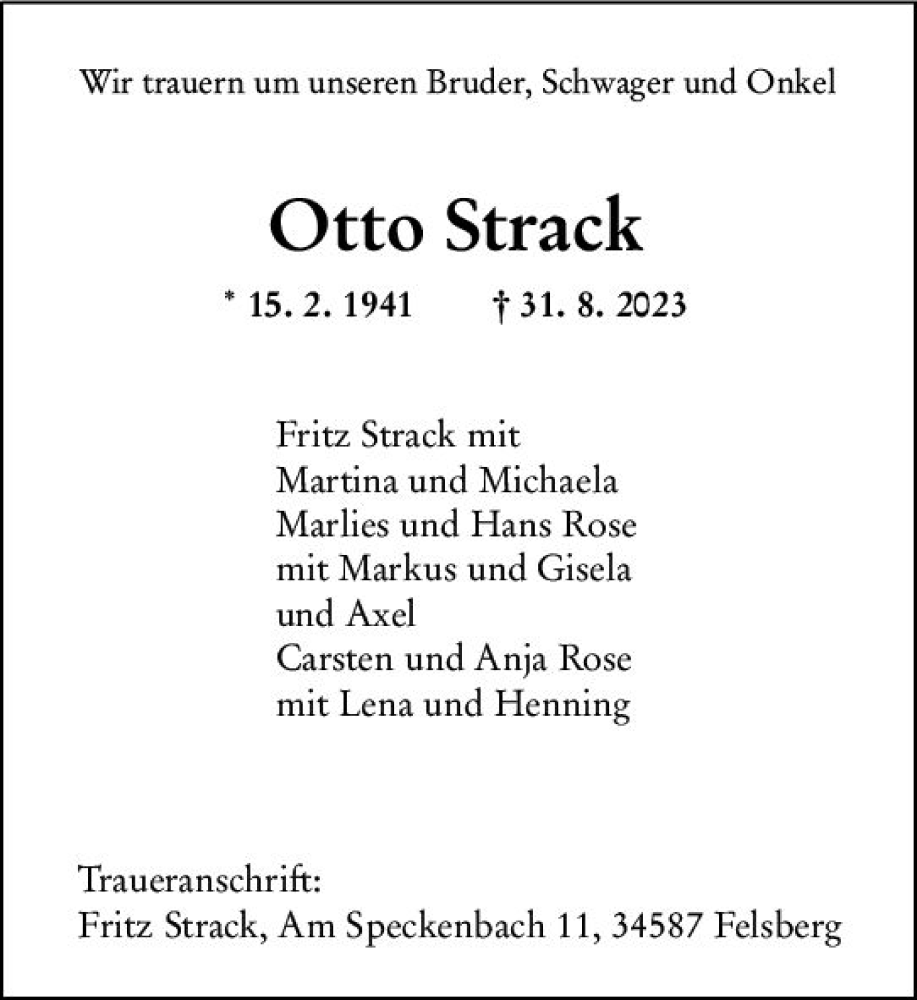  Traueranzeige für Otto Strack vom 09.09.2023 aus Wetzlarer Neue Zeitung