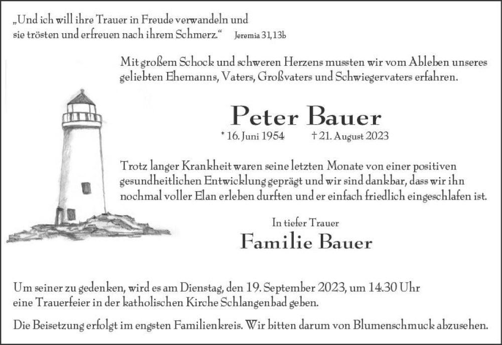  Traueranzeige für Peter Bauer vom 09.09.2023 aus Idsteiner Land/Untertaunus