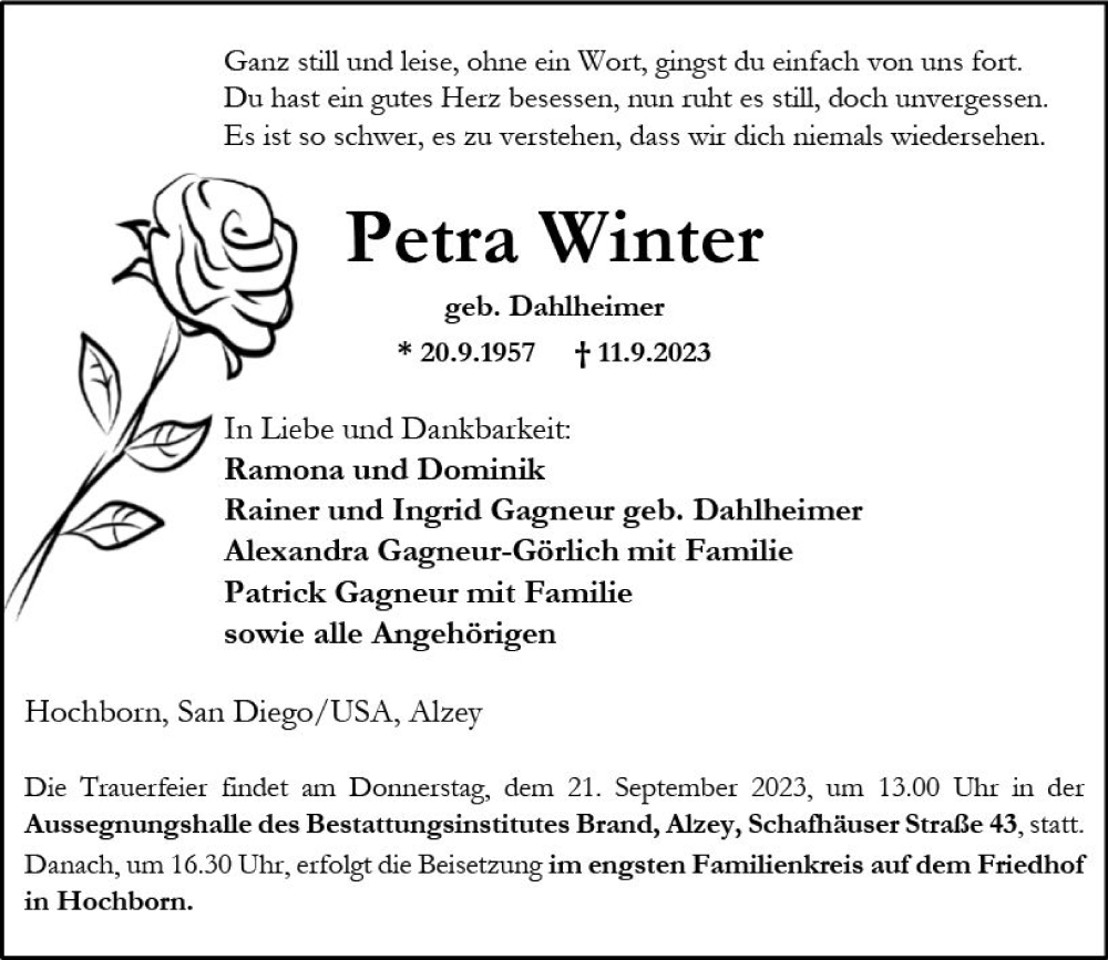  Traueranzeige für Petra Winter vom 16.09.2023 aus Allgemeine Zeitung Alzey