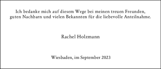Traueranzeige von Rachel Holzmann von Wiesbadener Kurier