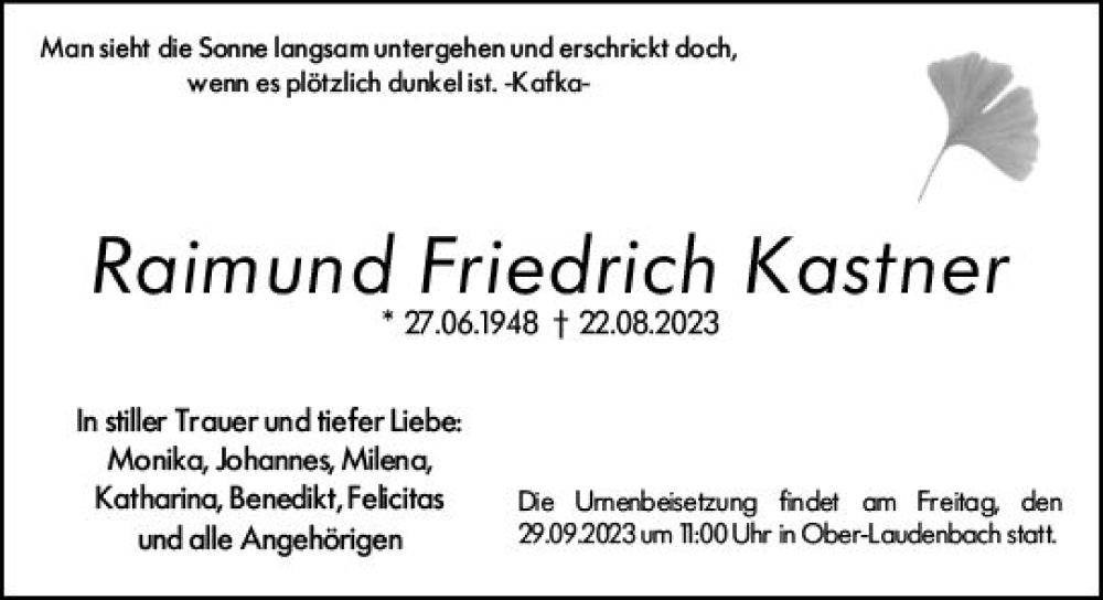  Traueranzeige für Raimund Friedrich Kastner vom 23.09.2023 aus Starkenburger Echo