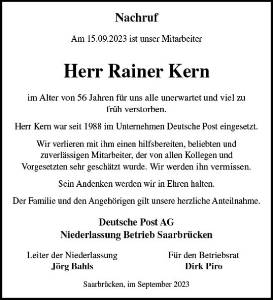 Traueranzeige von Rainer Kern von Allgemeine Zeitung Mainz