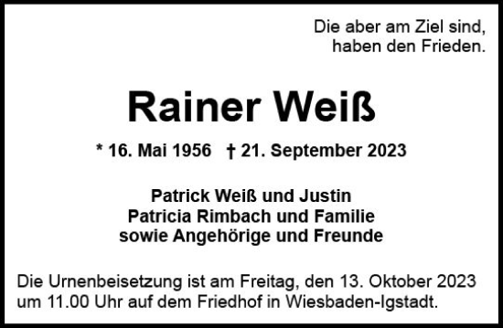 Traueranzeige von Rainer Weiß von Wiesbadener Kurier