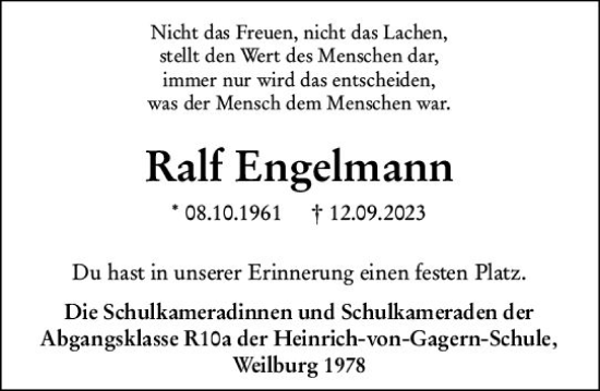 Traueranzeige von Ralf Engelmann von Weilburger Tageblatt