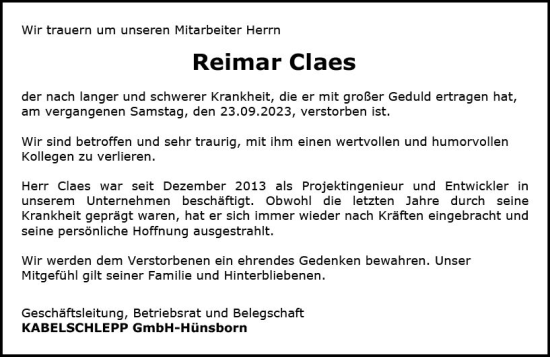 Traueranzeige von Reimar Claes von Dill Block