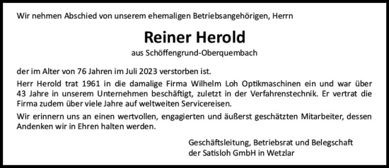 Traueranzeige von Reiner Herold von Wetzlarer Neue Zeitung