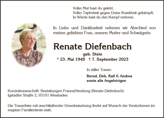 Traueranzeige von Renate Diefenbach von Wiesbadener Kurier