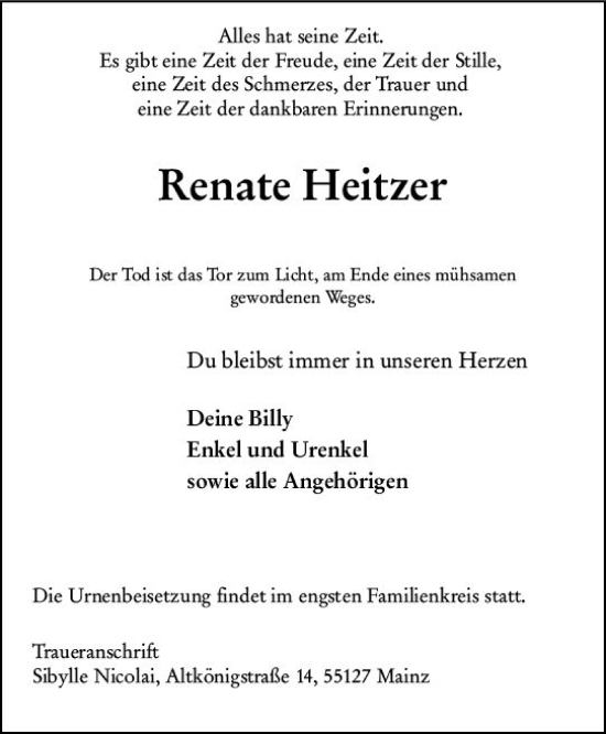Traueranzeige von Renate Heitzer von Allgemeine Zeitung Mainz