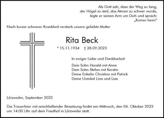 Traueranzeige von Rita Beck von Allgemeine Zeitung Mainz